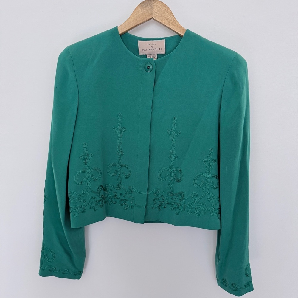 Pat Argenti Cropped Silk Jacket Emerald Green Size 4